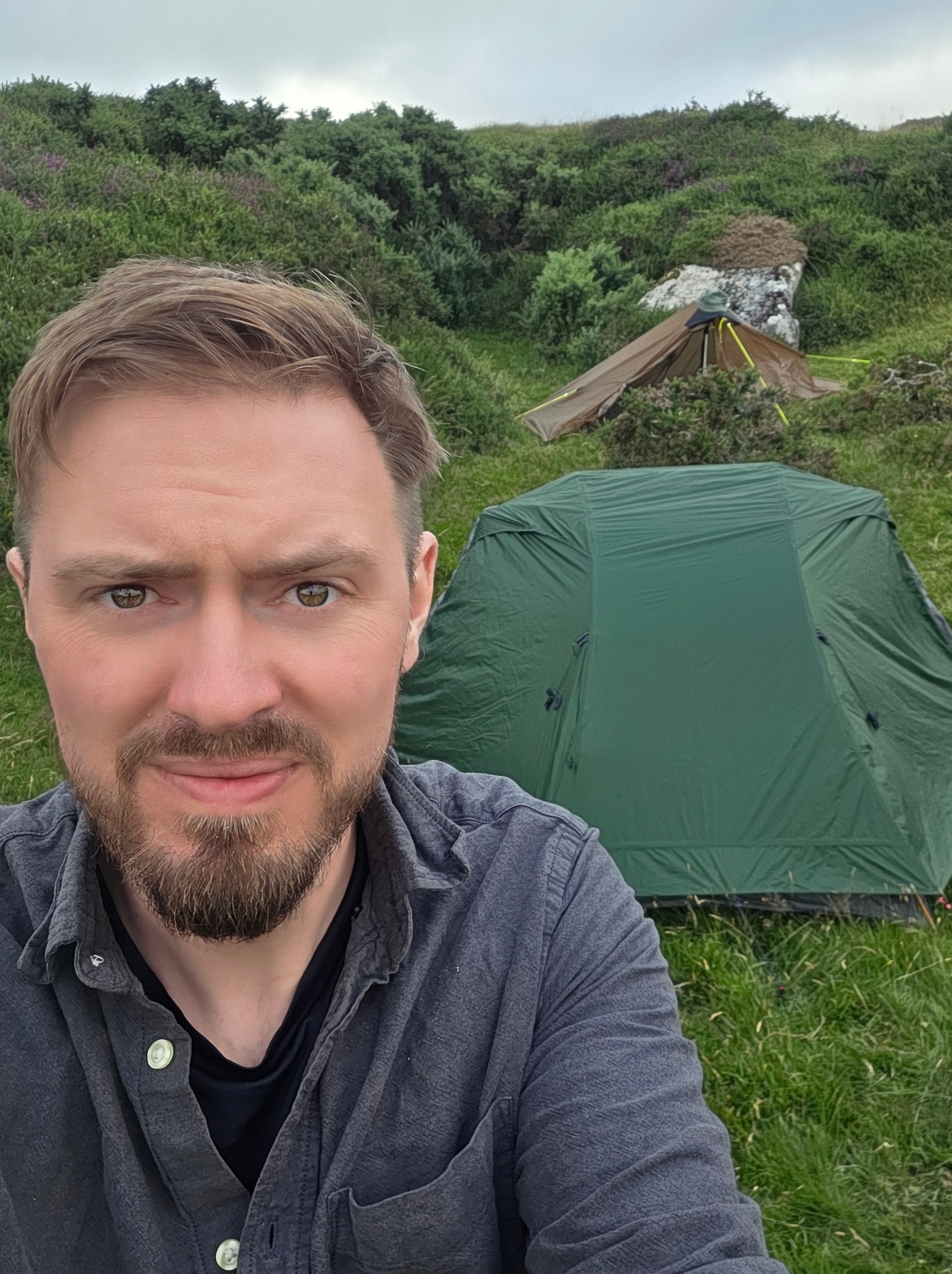 Camp two at Pew Tor — better soil, better pegs, and one slightly less amused Hobbit.