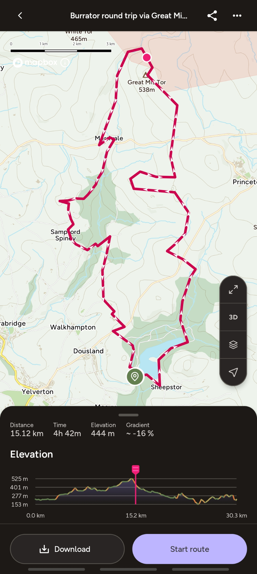 The full 30 km route around Burrator, Great Mis Tor and Pew Tor — click to zoom.